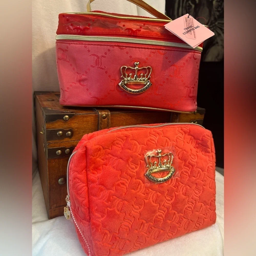 ❤️Juicy Couture Red 2 piece Cosmetic Bag Set with empty toiletry bottles❤️NWT